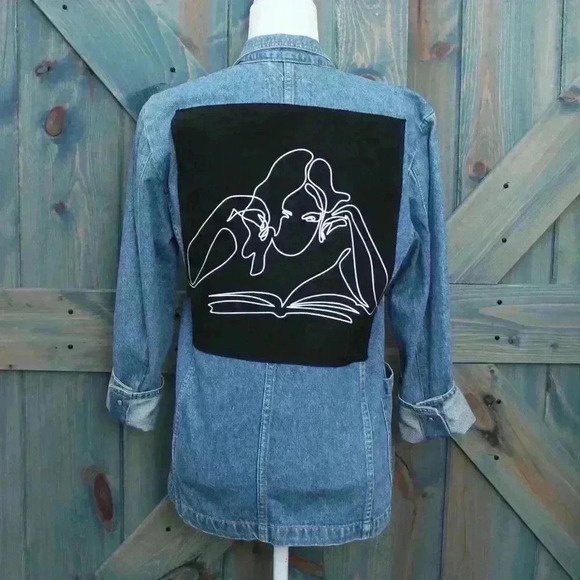 Upcycled Denim Jacket Woman Reading Book Back Patch Vintage Jean Blazer Small - Picture 1 of 9